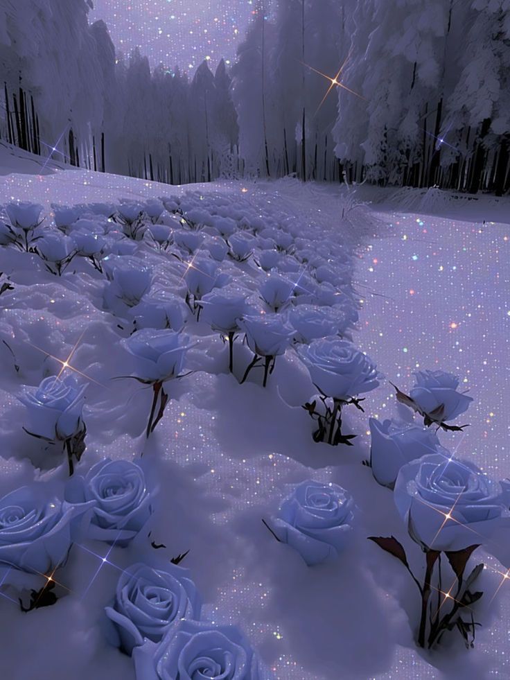 there are many white roses that are in the snow with sparkles on them,