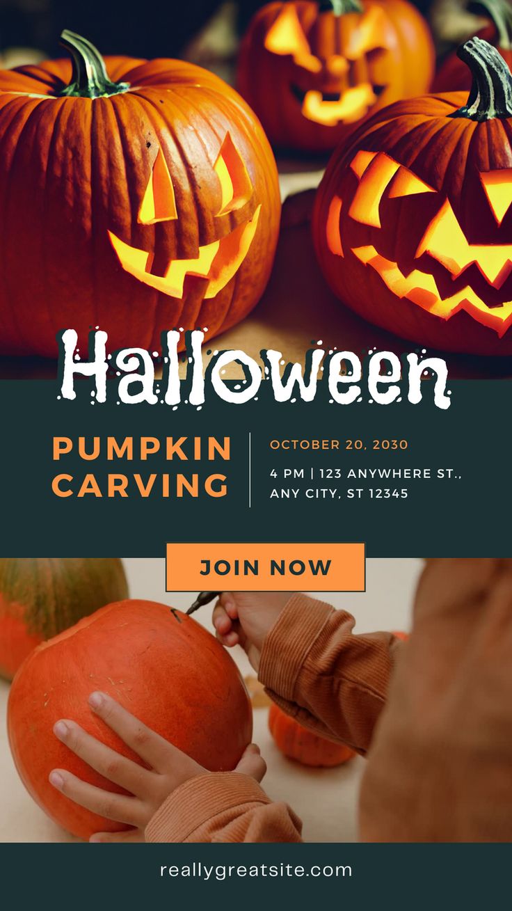 halloween pumpkin carving event flyer with hands and carved pumpkins on the table in front of them