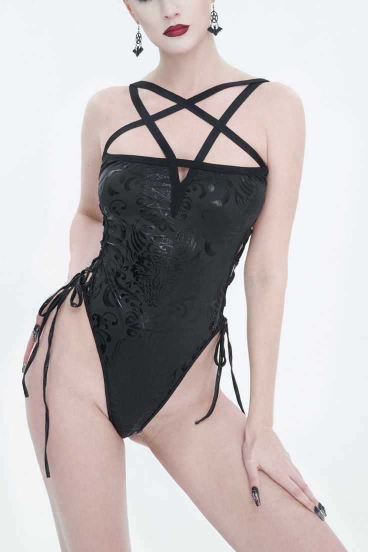 1. One-piece swimsuit made of pentagram Gothic pattern printed swimsuit material. 2. The printing adopts a special process, which looks like a patent leather effect. 3. Designed as a pentagram with elastic elastic bands, and hollow straps on both sides of the waist. Color:  Black Materials:  88% Polyester,12% Elastane Notice:  Other Accessories Are Not Included Style Types:  Gothic Version:  Close-fitting Soft Index:  Softer Elastic Index:  Good Elastic Size(IN) Bust Waist Line Center Front Length XS-S 33.86-37.80 25.20-29.13 20.47 M-L 37.80-41.73 29.13-33.07 21.06 XL-XXL 41.73-45.67 33.07-37.01 21.65 3XL-4XL 45.67-49.61 37.01-40.94 22.24 Size(CM) Bust Waist Line Center Front Length XS-S 86-96 64-74 52 M-L 96-106 74-84 53.5 XL-XXL 106-116 84-94 55 3XL-4XL 116-126 94-104 56.5 Plus Size Swimwear Goth, Goth Swimwear Fairy, Goth Swimwear, Gothic Swimsuit, Aliyah Core, Core Outfits, Style Types, Gothic Pattern, Swimming Suits