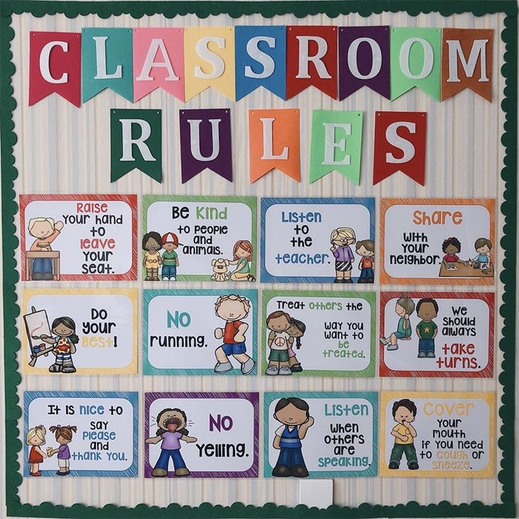 classroom rules displayed on a bulletin board with colorful flags and cartoon characters in the background