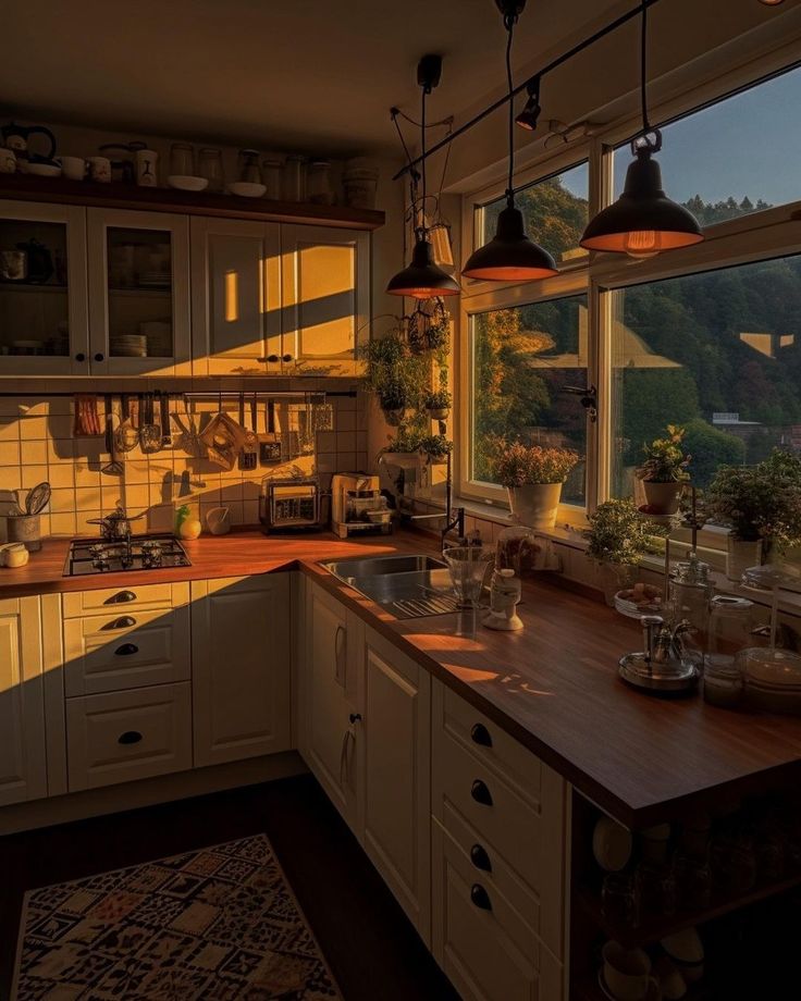 a kitchen with lots of counter space and hanging lights over the sink, along with potted plants