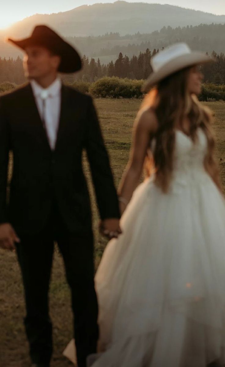 a bride and groom are walking in the field at sunset with mountains in the background