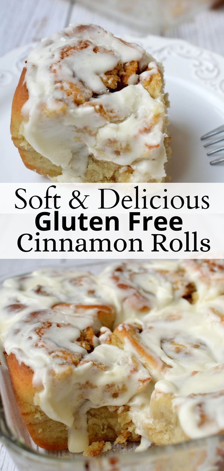 two pictures of cinnamon roll with frosting on top and the words soft & delicious gluten free cinnamon rolls