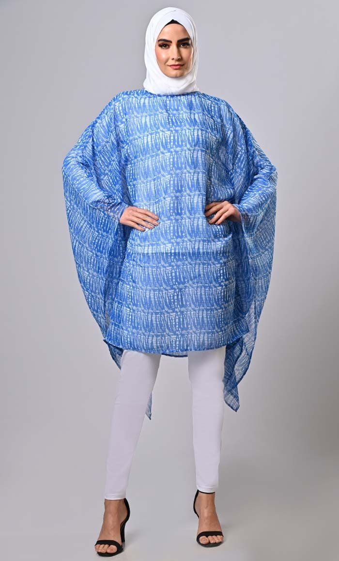 Blue Islamic Kaftan Printed Tunic - EastEssence.com Long Sleeve Tops For Pool And Spring, Free Size Long Sleeve Beach Dress For Summer, Blue Batwing Sleeve Blouse For Summer, Blue Summer Blouse With Batwing Sleeves, Long Sleeve Beachwear Blouse With Relaxed Fit, Free Size Long Sleeve Beach Dress, Casual Tunic Style Relaxed Fit Cover-up, Beachwear Long Sleeve Relaxed Fit Blouse, Long Sleeve Free Size Beach Dress