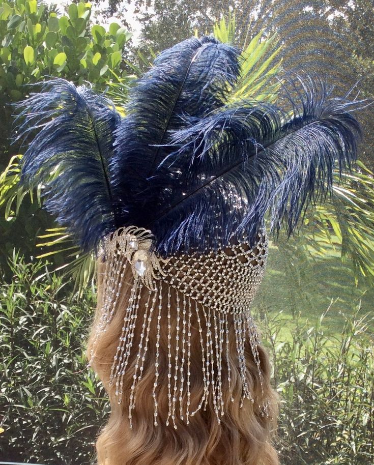 Stunning Downton Abbey style headpiece is the perfect accessory for any retro event. Piece is made to stretch over any size head. Great for an art deco flapper party.  Feathers are navy blue. Flapper Evening Headpiece With Feathers, Flapper Style Feathered Headpieces For Vintage Events, Flapper Style Feather Headpiece For Vintage Events, Flapper Headpieces For Costume Party, Gatsby Style Feather Headpieces For Vintage Events, Fitted Flapper Headpieces For Costume Party, Fitted Flapper Headpieces For Evening, Fitted Flapper Style Headpiece For Evening, Fitted Flapper Style Evening Headpieces