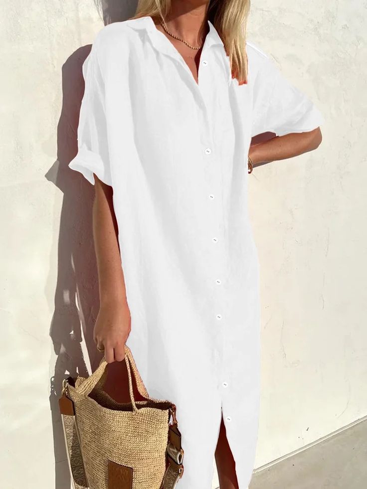 The Casual Button Down Half Sleeves Shirt Dress offers a blend of relaxed style and sophistication with its button-down front and comfortable half sleeves. Perfect for everyday wear, this dress provides a versatile and effortless look that can be easily dressed up or down for any occasion. Summer V-neck Shirt Dress With Buttons, White Solid Color Shirt Dress For Spring, White Solid Color Shirt Dress For Daywear, White Shirt Dress For Daywear, Long Solid Color Shirt Dress For Summer, White Button-up Shirt Dress, Long Solid Shirt Dress For Summer, Long Solid Summer Shirt Dress, Long Shirt Dress For Summer