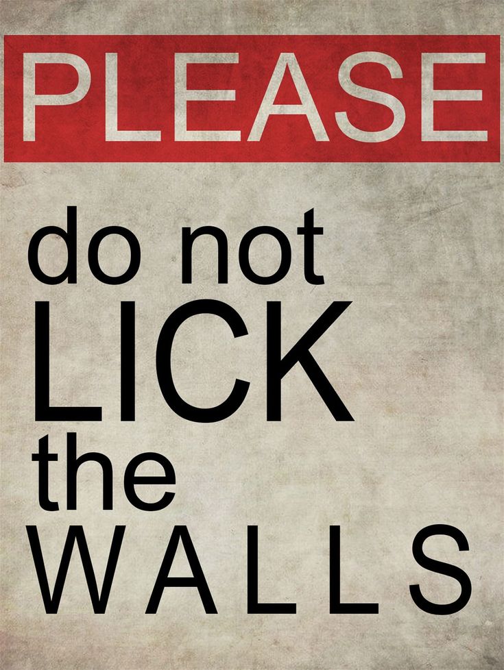 a red and white sign that says please do not lick the walls with black lettering