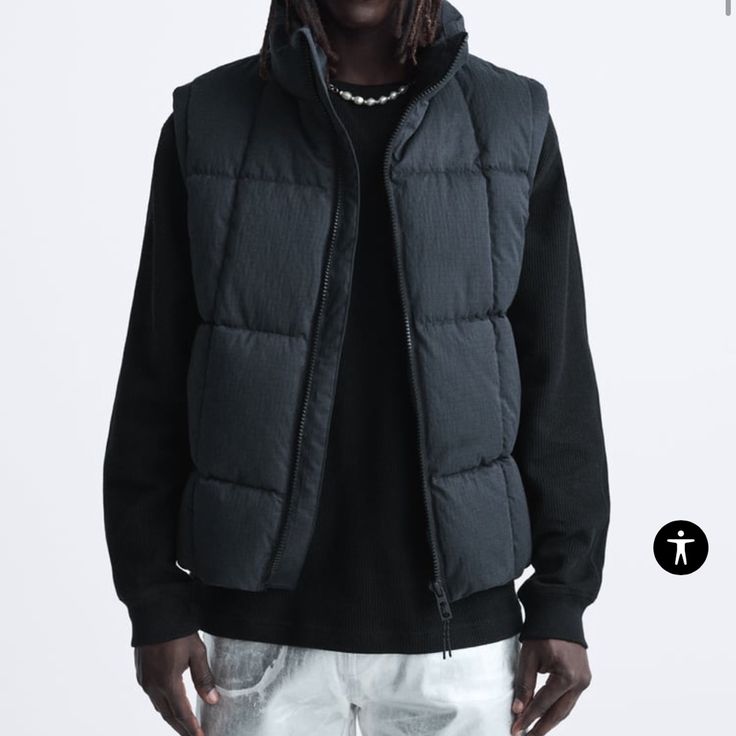 Mens Puffer Vest Size M Fall Streetwear Cotton Puffer Jacket, Fall Cotton Puffer Jacket For Streetwear, Black Vest With Padded Collar, Fall Streetwear Solid Color Vest, Fall Streetwear Vest, Solid Color Fall Streetwear Vest, Black Cotton Puffer Jacket For Fall, Urban Black Puffer Jacket For Winter, Winter Streetwear Vest In Solid Color