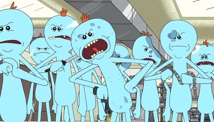 several cartoon characters are standing in a line with their mouths open and hands on their hips