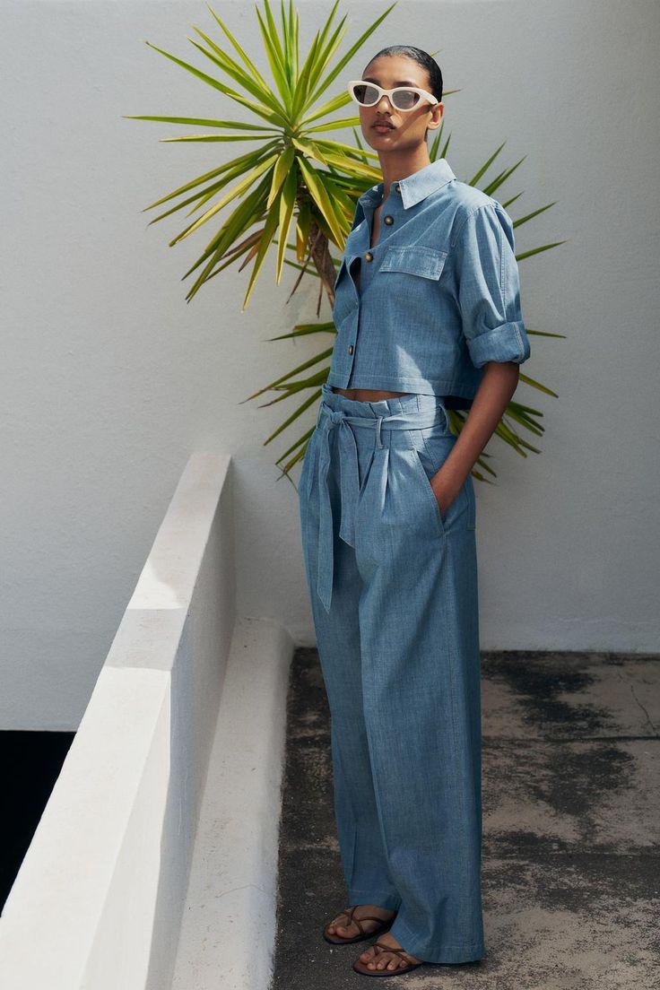 STRIPED FLAP SHIRT - Light blue | ZARA United States Casual Wide-leg Pants With Belted Cuffs, Belted Straight Cotton Pants, Chic Belted High-waisted Wide Leg Pants, Versatile Belted Bottoms For Spring, Summer Wide Leg Pants With Belt Loops, Casual Straight Leg Bottoms With Belt, Summer Workwear Pants With Belt Detail, Casual Straight Leg Pants With Belt, Casual Workwear Pants With Belt