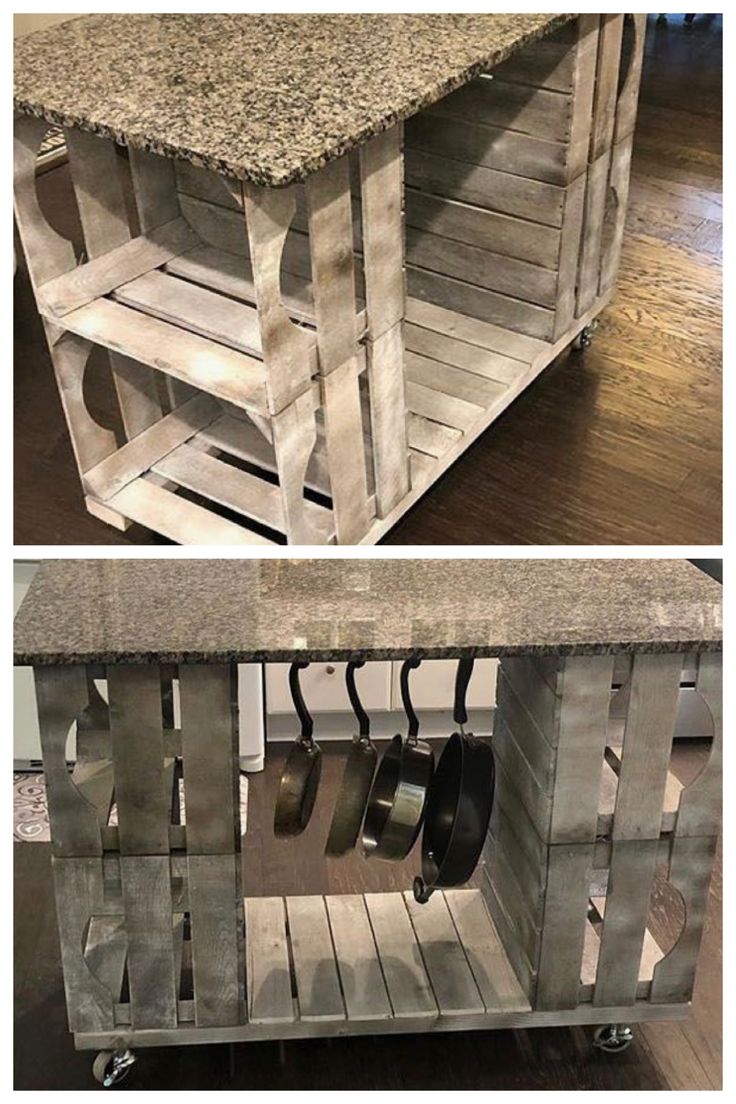 an old kitchen island with pots and pans hanging from it's sides on wheels