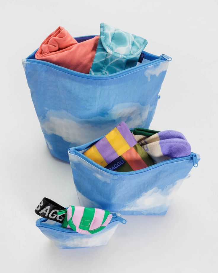 two blue bags filled with different types of items