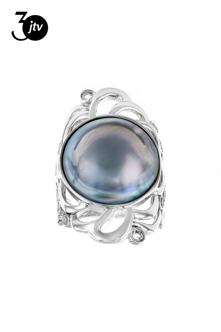 15mm Platinum Cultured South Sea Mabe Pearl With 0.48ctw White Topaz Rhodium Over Sterling Silver Ring. Measures approximately 3/4" L x 1 & 1/4" W and is not sizeable. Colors, shapes, and sizes may vary. Ring Spacer, Mabe Pearl, School Jewelry, Popular Jewelry, White Topaz, Turquoise Jewelry, Jewelry Making Beads, Online Jewelry, Sterling Silver Ring