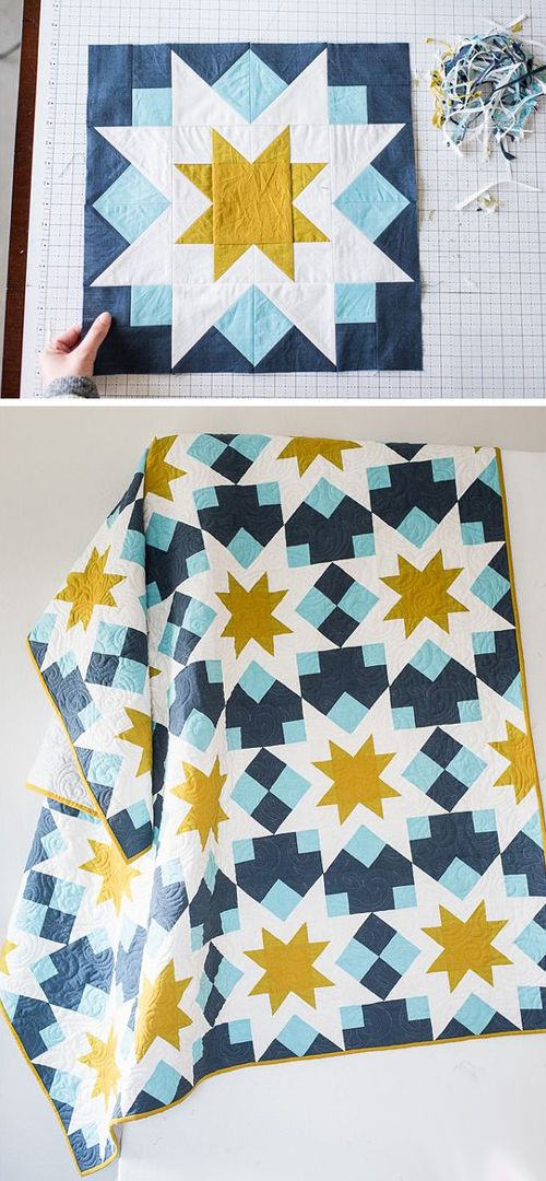 two pictures showing how to make a star quilt