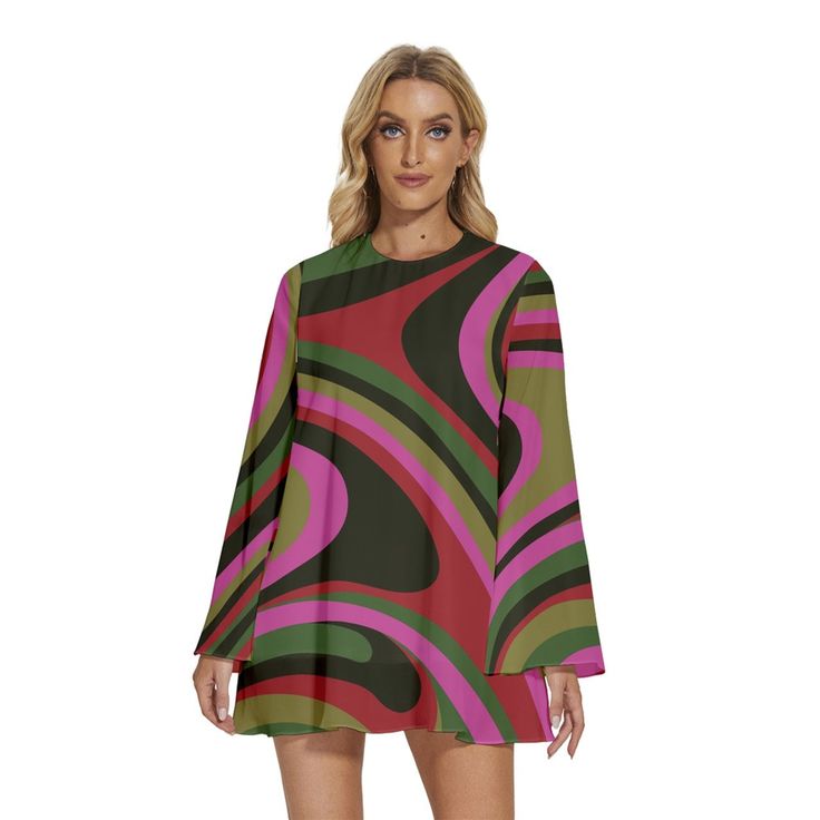 Step into the enchanting world of 70s Dress Style with our Bell Sleeve Dress, a captivating piece that encapsulates the spirit of the groovy era. This 60s 70s mini dress is a Boho Dress with a distinctive Bohemian touch, perfect for those seeking a Pink brown Hippie Dress that exudes both charm and style.The Multicolor Tent Dress features a groovy pattern print inspired by the psychedelic aesthetics of the 70s, creating a visually striking and unique look. This slip-on dress is designed for ease 70s Dress Style, 70s Style Dress, 70s Mini Dress, Groovy Pattern, 70s Fashion Dresses, Retro Inspired Dress, Graceful Movement, Groovy 70s, Hippie Dress