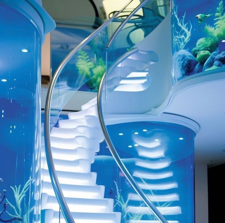 a spiral staircase in front of an aquarium