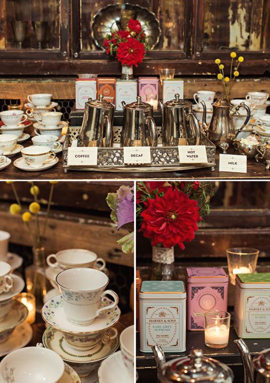 there are many different pictures of tea cups and saucers on the table with candles