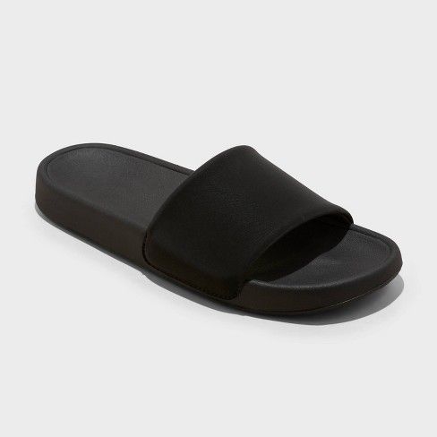 Women's Makenna Slide Sandals - All In Motion™ Classic Slip-on Slides For Summer, Trendy Open Toe Slides With Textured Sole, Vacation Sport Sandals With Rubber Sole, Summer Open Toe Sport Sandals With Textured Sole, Classic Summer Flip Flops With Cushioned Footbed, Solid Synthetic Slide Slippers, Comfortable Open Toe Slippers With Textured Sole, Solid Color Synthetic Slide Slippers, Classic Cushioned Flip Flops For Summer