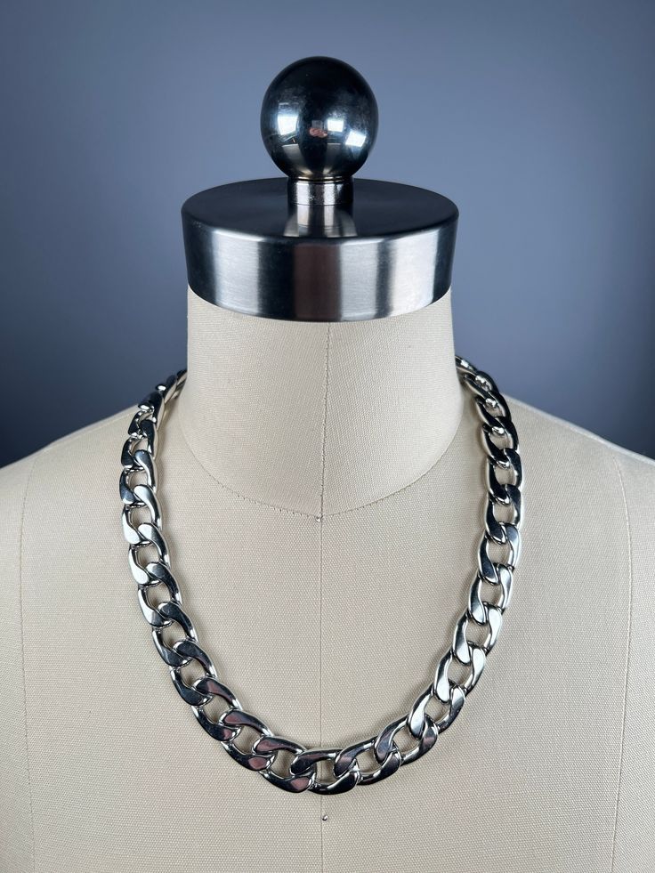 "Stainless Steel Cuban link curb chain Choker / Necklace thick approx. 15mm width Stacking, Simple, Statement, Cute, Jewellery, Alt Wide link steel chain finished with matching curbed shaped clasp. Chain pictured is a standard 20\" length, but can be cut to size on request, (14\"- 36\".) Perfect for adding pop when stacking with other chains. *cut to the nearest link on the chain* As well as the size ranges offered happy to take requests for custom fit, just drop us a message :) Suits all styles, incredibly versatile and striking accessory for adding pop to any outfit or mixing things up when stacking chains!  Dispatches via economy mail, UK via 2nd class mail (Up to 11 working days.) Everywhere else Std. International (up to 25 working days.) delivery upgrade options available. #Y2k #Punk Goth Egirl, Cute Jewellery, Kawaii Goth, Chain Choker Necklace, Skater Style, Cuban Chain, Cuban Link, Matching Bracelets, Chain Choker