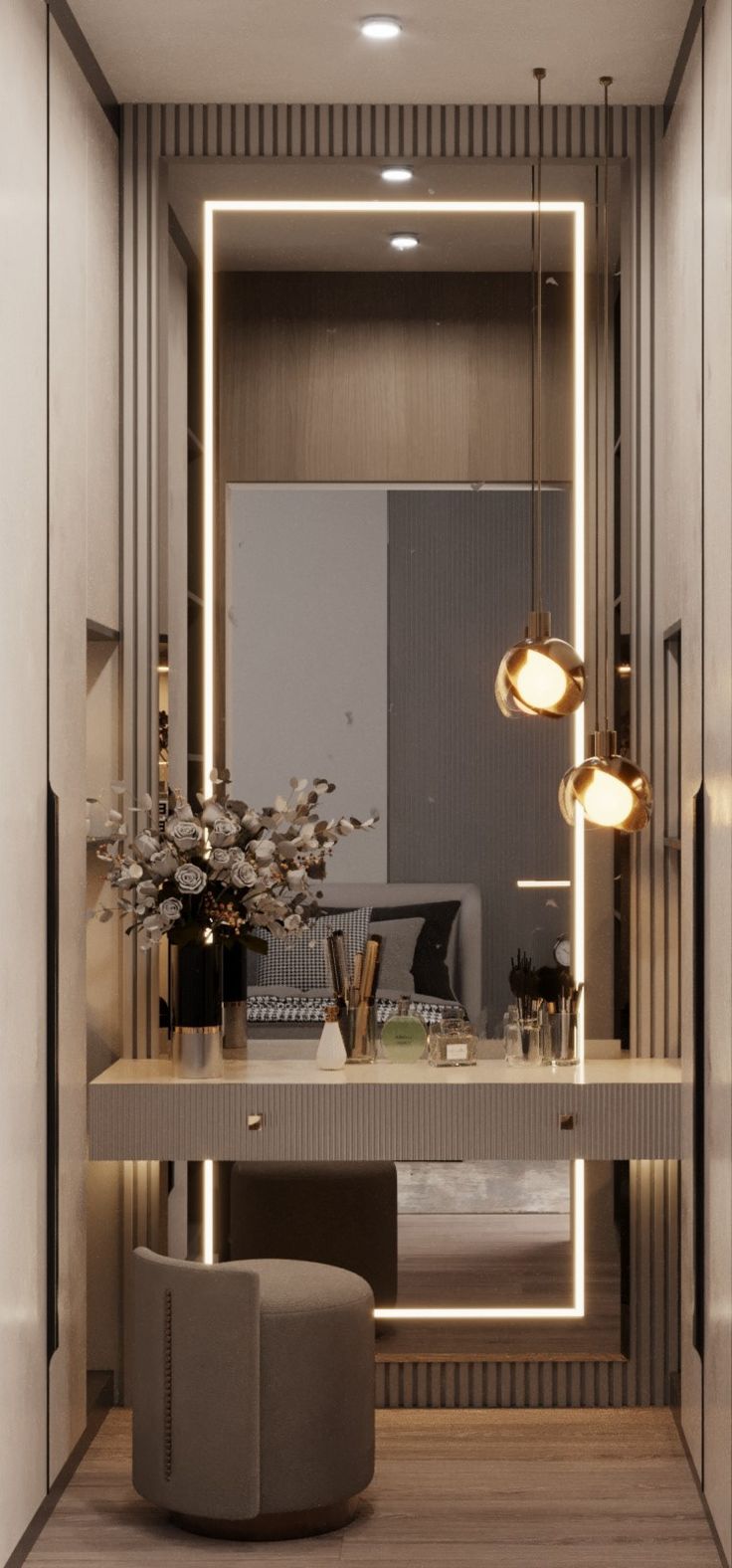 a dressing room with a mirror, stool and lights