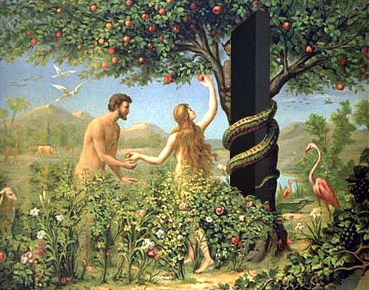 a painting of two people reaching out to an apple tree with birds in the background