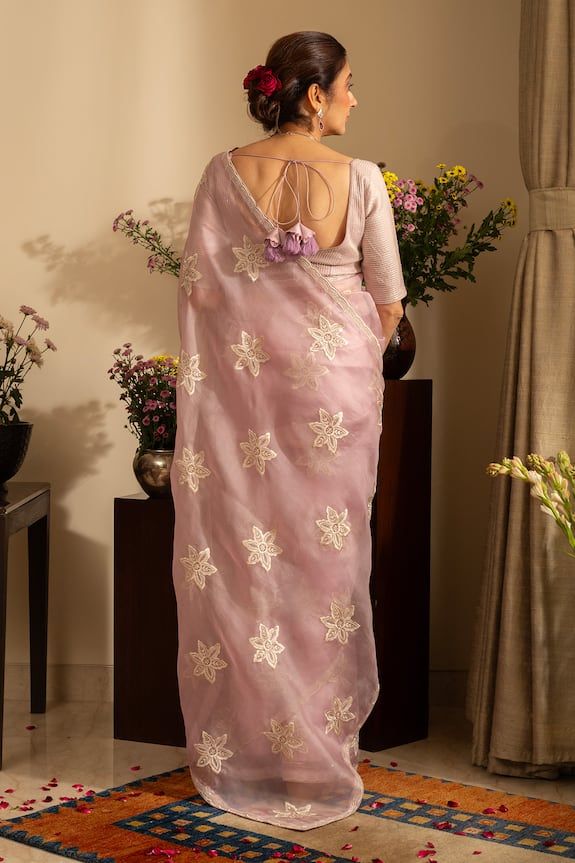 Purple saree crafted in pure silk organza with phool gul embroidery. Paired with an unstitched blouse piece and an unstitched petticoat. - Aza Fashions Petticoat Pattern, Dhoti Saree, Cotton Sarees Handloom, Organza Embroidery, Purple Saree, Ruffle Saree, Drape Saree, Lehenga Saree, Silk Organza