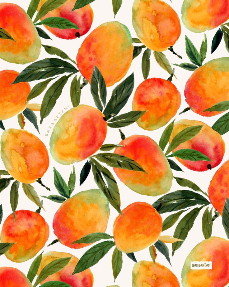 watercolor painting of oranges with green leaves on white background, seamless pattern