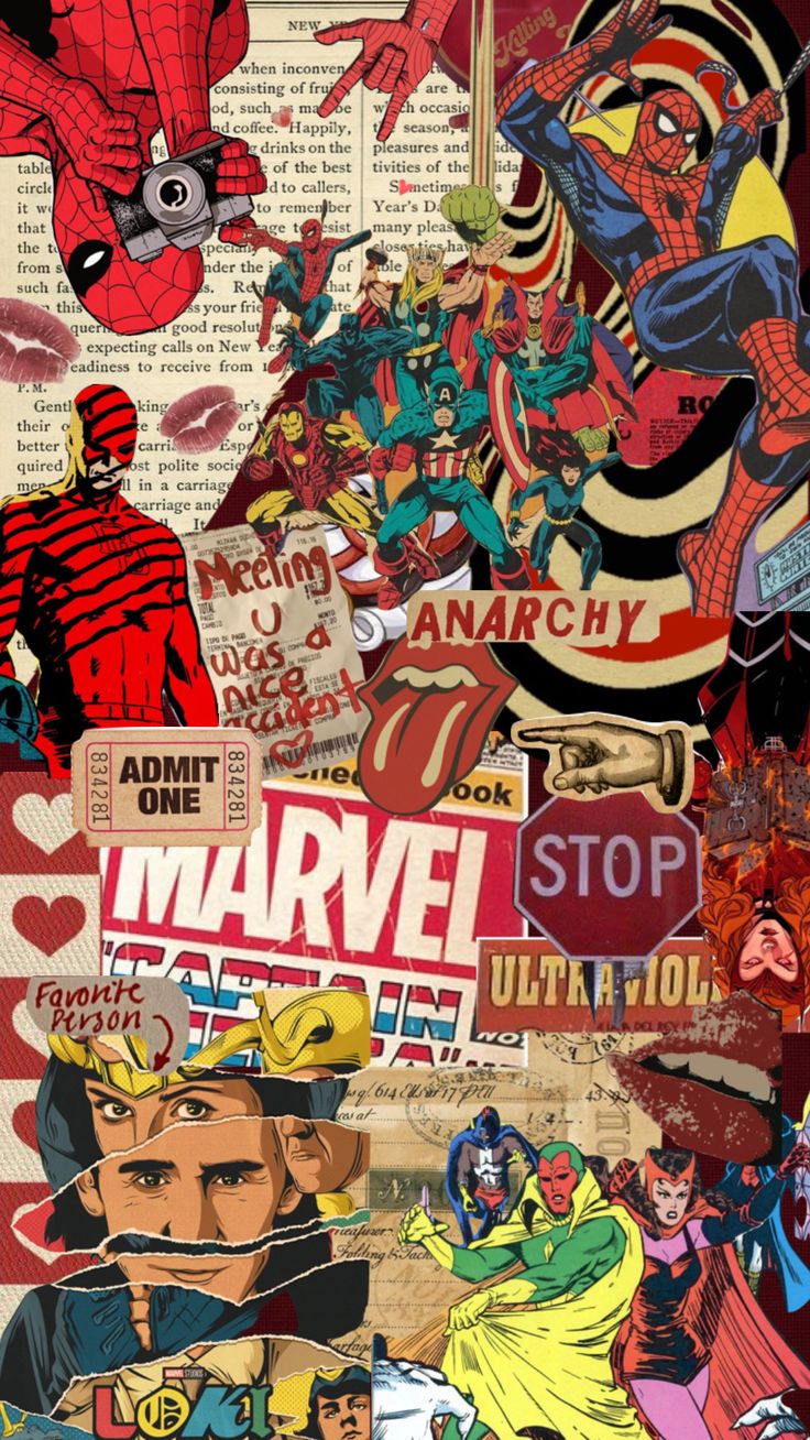 the collage of comics and cartoons is shown in this graphic art work, which includes an image of spider - man