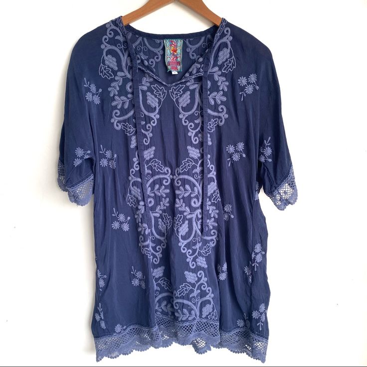 Johnny Was Blue Embroidered Tunic Blouse. Size S. 100% Cupra Rayon. Measurements Approx: Bust: 22” Length: 31” Comes From A Smoke Free/Pet Friendly Home. Fast Shipping-Same/Next Business Day. No Trades. Reasonable Offers Accepted-No Low Ball Offers. Bundle And Save! Follow Along @Thegetupcollective On Ig Blue V-neck Top With Floral Embroidery, Blue Floral Embroidered Summer Blouse, Blue Floral Embroidery Blouse For Summer, Blue Short Sleeve Embroidered Top For Spring, Blue Embroidered Short Sleeve Top For Spring, Spring Blue Blouse With Intricate Embroidery, Blue Blouse With Intricate Embroidery For Spring, Spring Indigo Short Sleeve Blouse, Spring Short Sleeve Indigo Blouse