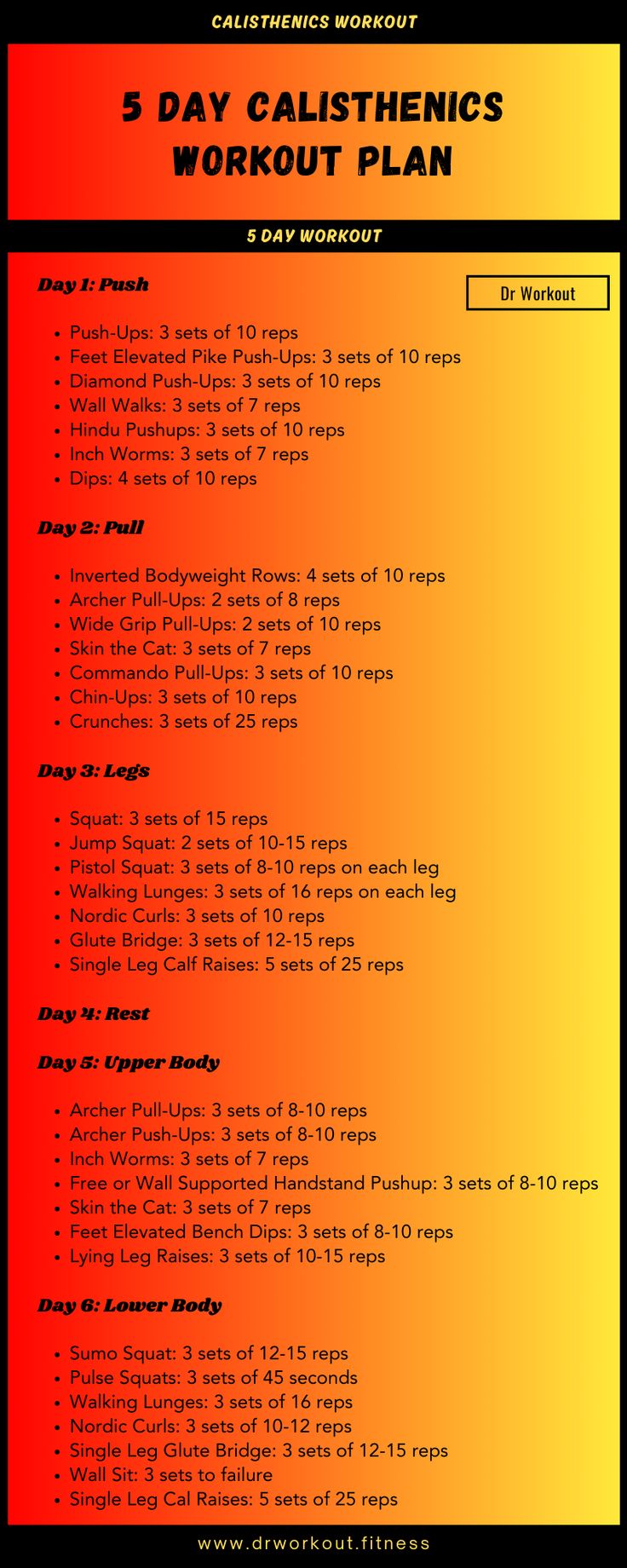 the 5 day calisthenics workout plan is shown in red, yellow and orange