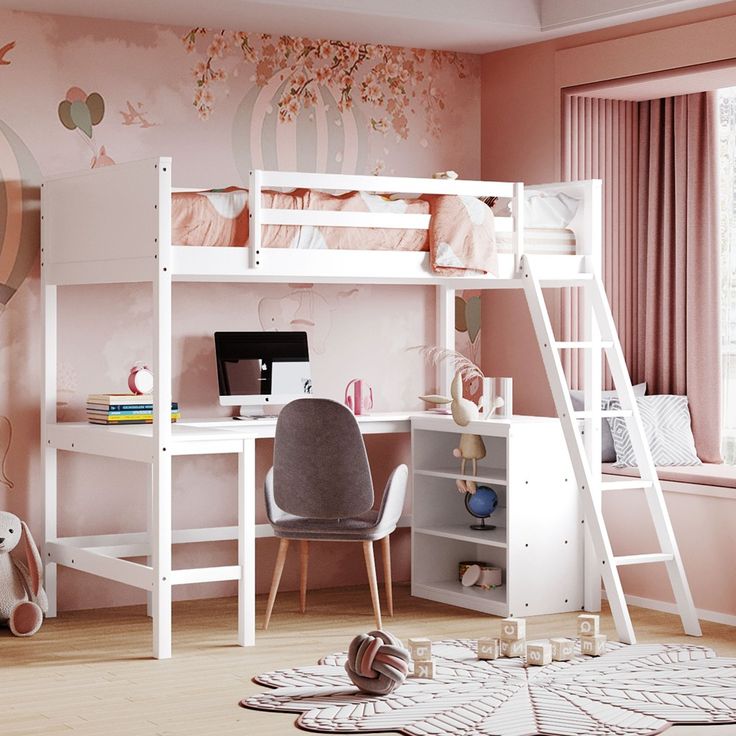 a child's bedroom with pink walls and white bunk bed, desk and chair