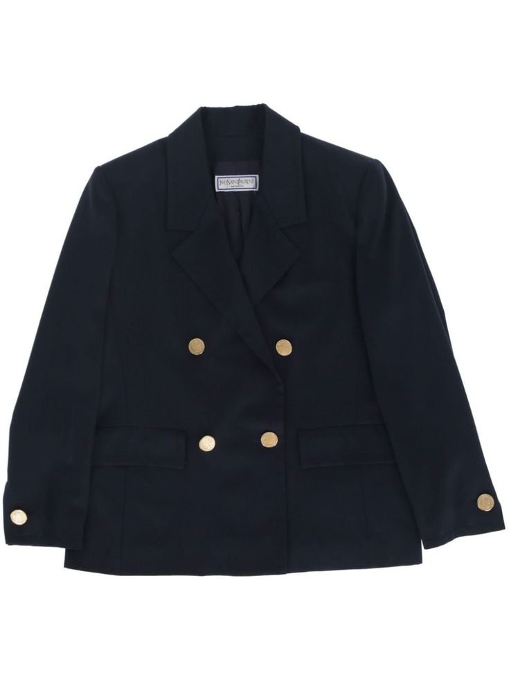 circa 1980s navy blue virgin wool notched lapels double-breasted button fastening long sleeves buttoned cuffs two front flap pockets straight hem Formal Peacoat With Double Button Closure, Navy Pea Coat With Double Button Closure For Office, Office Peacoat With Suit Collar And Double-breasted Fastening, Fall Double Breasted Suit With Button Cuffs, Navy Double-breasted Peacoat For Office, Tailored Peacoat With Buttons For Workwear, Formal Pea Coat With Button Cuffs, Formal Single Breasted Uniform Blazer, Classic Office Pea Coat With Button Cuffs