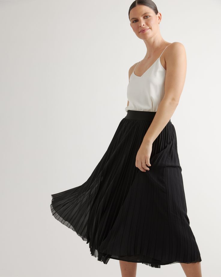 Flattering, flowy, and fully lined. Our high-rise midi skirt is lightweight and has an elastic waistband for a comfortable fit that you can wear all day. Made of low-maintenance, wrinkle-resistant fabric.  | Quince | Women's Chiffon Pleated Midi Skirt in Black, Size Large, 100% Polyester Chic Tulle Maxi Skirt, Flowy Maxi Skirt With Elastic Waistband For Daywear, Elegant Maxi Skirt With Elastic Waistband For Day Out, Flowy Long Pleated Skirt, Chic Flowy Gathered Skirt, Chic Flowy Gathered Skirt Bottoms, Flowy Daywear Skirt With Elastic Waistband, Elegant Flowy Skirt With Elastic Waistband, Flowy Midi Skirt With Elastic Waistband