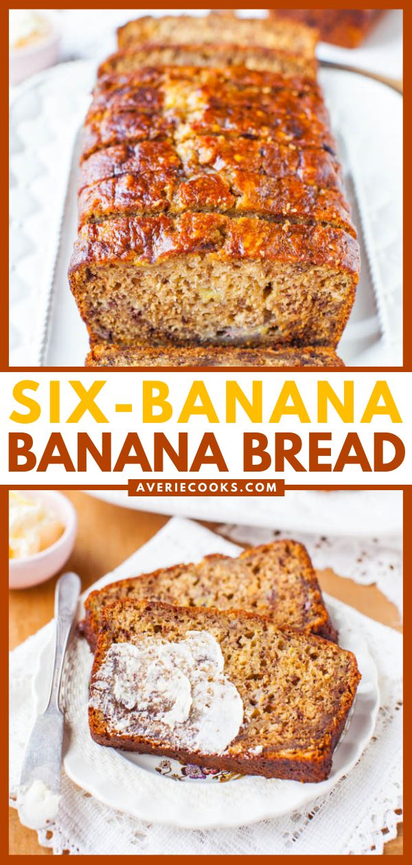 a close up of a banana bread on a plate with the words six - banana banana bread