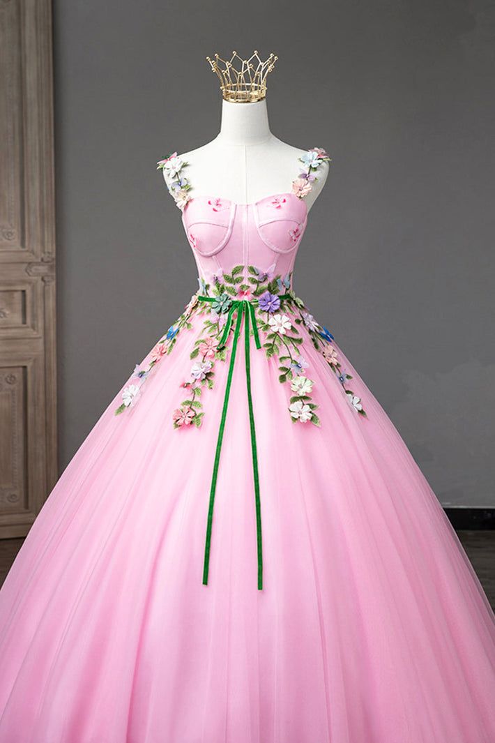 Pink Straps Tulle Sweetheart Ball Gown with Flowers, Pink Formal Dress – BeautyDressy Pink Wedding Dress With Sweetheart Neckline, Pink Dresses With Floral Applique And Fitted Bodice, Pink Ball Gown For Debutante Ball In Spring, Pink Sweetheart Neckline Dress With Floral Applique, Spring Debutante Ball Gown With Sweetheart Neckline, Pink Dress With Floral Applique And Sweetheart Neckline, Fitted Spring Ball Gown With Sweetheart Neckline, Pink Floral Applique Dress With Sweetheart Neckline, Fitted Dress With Floral Applique For Debutante Ball