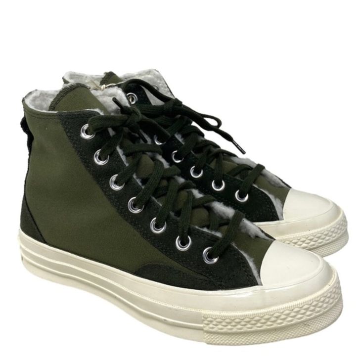 Converse Chuck 70 Shoes For Women Casual Khaki Canvas High Top Sneakers A05055c Brand New With Box No Lid. 100% Authentic! For Creatives Of All Walks Of Life Who Seek Classic Style With Modern Comfort Updates, Our Best-Ever Chuck 70 Remains Evergreen. This Edition Celebrates The Timeless Status Of The Icon Through A Multi-Green, Winter-Friendly Mix Of Colors And Materials. Premium Canvas And Suede Overlays Come Together With A Sherpa-Backed Tongue And Collar Liner To Help Lock In The Heat To Hel Green High-top Platform Sneakers, Sporty Flat Sneakers With Vulcanized Sole, Green High-top Platform Sneakers With Rubber Sole, Green High-top Platform Sneakers With Laces, Streetwear High-top Sneakers With Vulcanized Sole, Rubber Sole Platform Sneakers For Streetwear, Flat Green Sneakers For Streetwear, Green Flat Sneakers For Streetwear, Flat Platform Sneakers With Rubber Sole For Streetwear