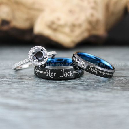 Jack and Sally Rings, Simply Meant To Be Rings, Couple Rings, Matching Rings, Matching Wedding Bands, Black Wedding Bands, Black Wedding Rings, Couple Rings Black Round Band Jewelry For Wedding, Black Couples Promise Rings, Hand Set White Gold Wedding Rings, Customizable Black Promise Jewelry, Black Diamond Wedding Ring With Round Band, Halo Setting Wedding Ring, Customizable Silver Wedding Rings, Customizable Round Band Jewelry For Wedding, Silver Halo Ring For Wedding