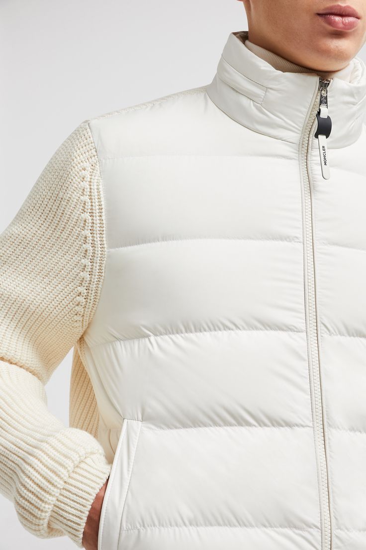 Doubling as outerwear in milder weather, this hooded cardigan is crafted from ultra-fine wool with a warm down-filled front. The mid-weight knit features a micro nylon lining and a pull-out hood for extra warmth. Luxury White Outerwear With Snap Buttons, Luxury White Sporty Puffer Jacket, Luxury White Puffer Jacket With Zipper, Luxury White Puffer Jacket With Zipper Closure, Moncler White Jacket, Cardigans For Men, Personalized Jacket, Hoodie White, Hooded Cardigan