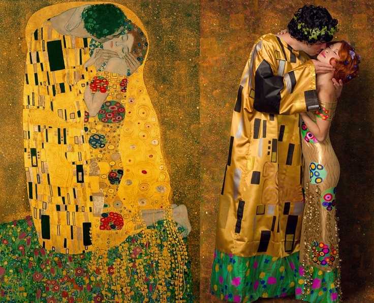 a woman in a gold dress standing next to an image of the kiss by painting artist kliment