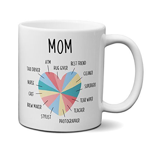 a white coffee mug with the words mom on it and an image of a heart