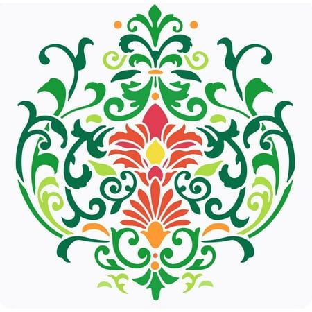 an ornate design in green, orange and red