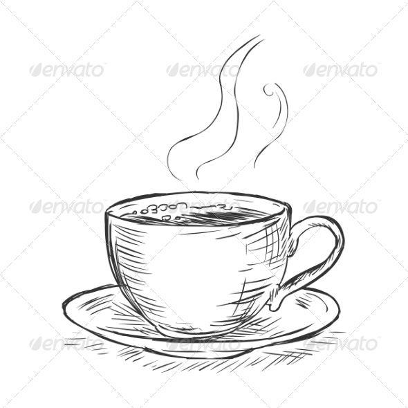 a cup of coffee with steam rising from the top on a saucer, hand drawn