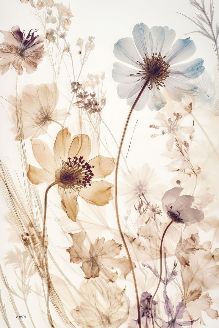 an image of flowers that are in the air with watercolors on paper and pastel colors