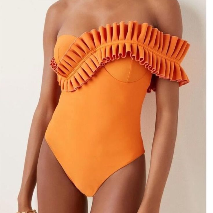 Andrea Iyamah Nisi Ruffle One Piece Swimsuit Orange. Brand New With Tags Luxury Tie-side Bottom Swimwear For Beach, Luxury Evening Swimwear With Triangle Top, Luxury Bra-friendly Beachwear Swimwear, Luxury Micro-elastic Summer Swimwear, Luxury Tie-back Swimwear With Tie-side Bottom, Luxury Party Swimwear With Tie-side Bottom, Luxury Multicolor Tie-side Swimwear Bottom, Luxury Tie Back Swimwear With Tie-side Bottom, Luxury Seamless Swimwear For Poolside