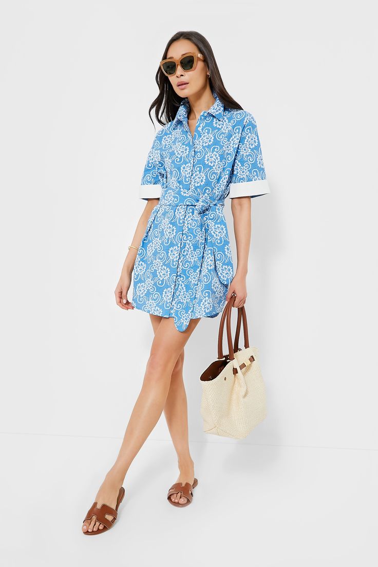 Riviera Painted Chintz Aurora Dress Chic Collared Shirt Dress For Day Out, Vacation Midi-length Shirt Dress, Collared Shirt Dress For Vacation, Cotton Shirt Dress For Day Out, Blue Cotton Collared Shirt Dress, Chic Midi Shirt Dress For Daytime, Chic Collared Dress For Vacation, Chic Cotton Shirt Dress For Daytime, Chic Midi Length Shirt Dress For Daytime