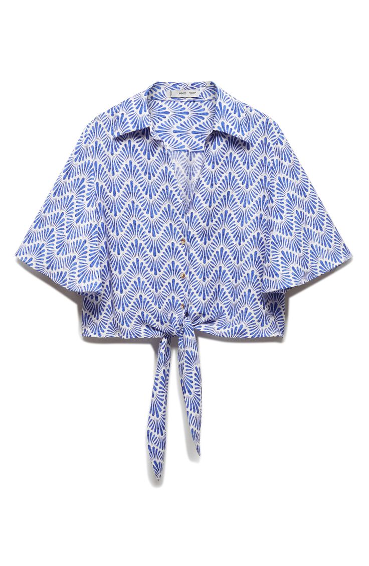 A loose-fitting, cropped cut furthers the vacay look and feel of this vividly patterned shirt with a front-tied hem. Front button closure; ties at front Spread collar Elbow-length sleeves 85% viscose, 15% polyamide Machine wash, line dry Imported Casual Cropped Tops With Tie Waist, Summer Vacation Tops With Tie Waist, Trendy Summer Tops With Tie Waist, Trendy Tie Waist Top For Summer, Spring Vacation Tops With Tie Waist, Summer Tie Waist Blouse For Day Out, Chic Summer Top With Camp Collar, Chic Summer Tops With Camp Collar, Casual Short Sleeve Blouse With Tie Waist