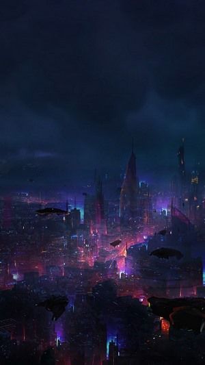 a futuristic city at night with lots of lights