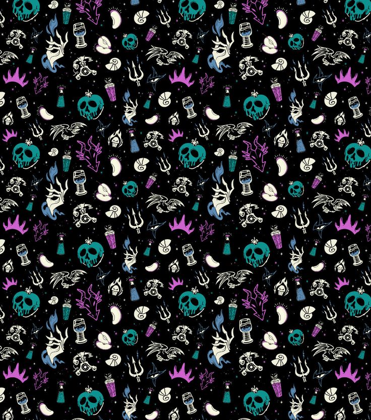 a black and purple background with skulls, bones, and other things on it's surface