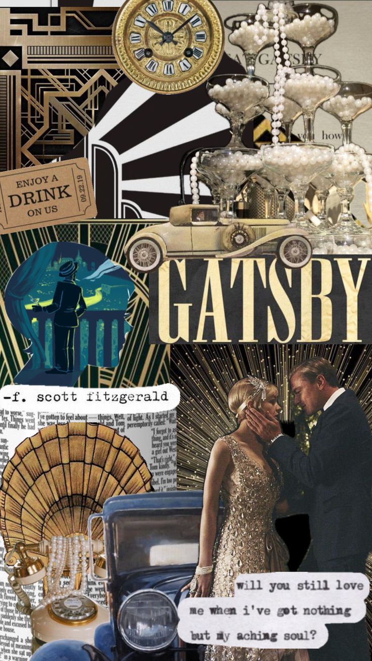 a collage with an old fashion car and people in the background, including words that read gatsby