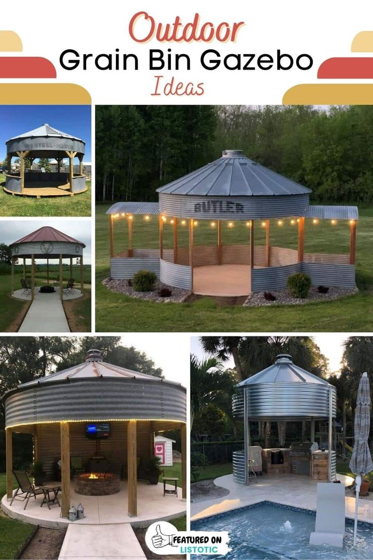 an outdoor gazebo with lots of lights around it and the text overlay reads, outdoor grain bin gazebo ideas